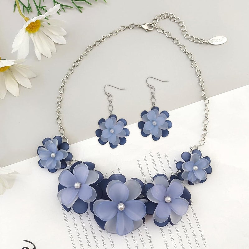 Bocar Flower Collar Necklace, Floral Flower Summer Beach Statement Choker Necklace and Earrings Set for Women, Handmade Women Jewelry Gift - Image 3